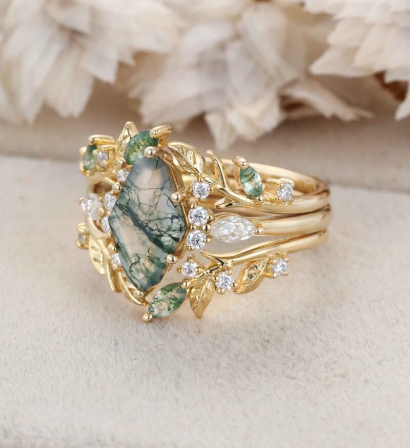 Hexagon Cut Nature Moss Agate Engagement Ring Set 14k Gold Leaf Moss Agate Curved Wedding Band Vintage Moissanite Promise Anniversary Rings