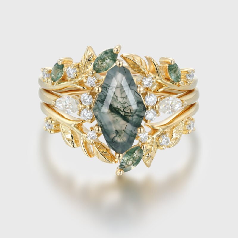 Hexagon Cut Nature Moss Agate Engagement Ring Set 14k Gold Leaf Moss Agate Curved Wedding Band Vintage Moissanite Promise Anniversary Rings