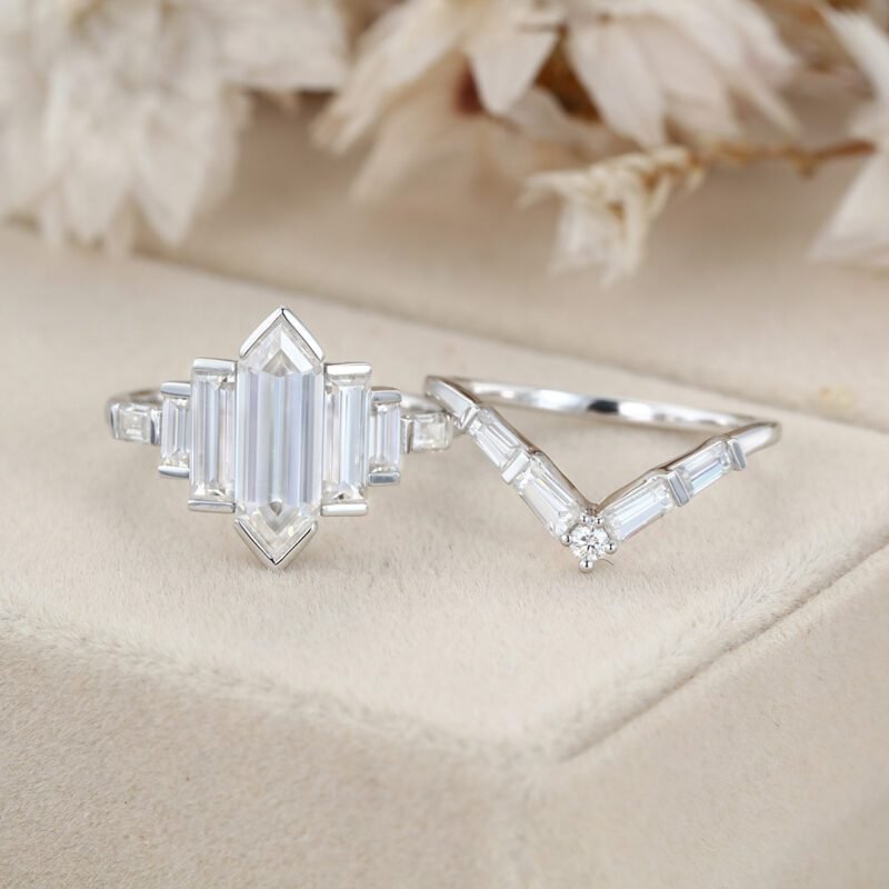 Hexagon Moissanite engagement ring set Unique Cluster baguette ring White gold Baguette engagement ring set Bridal promise Anniversary gift