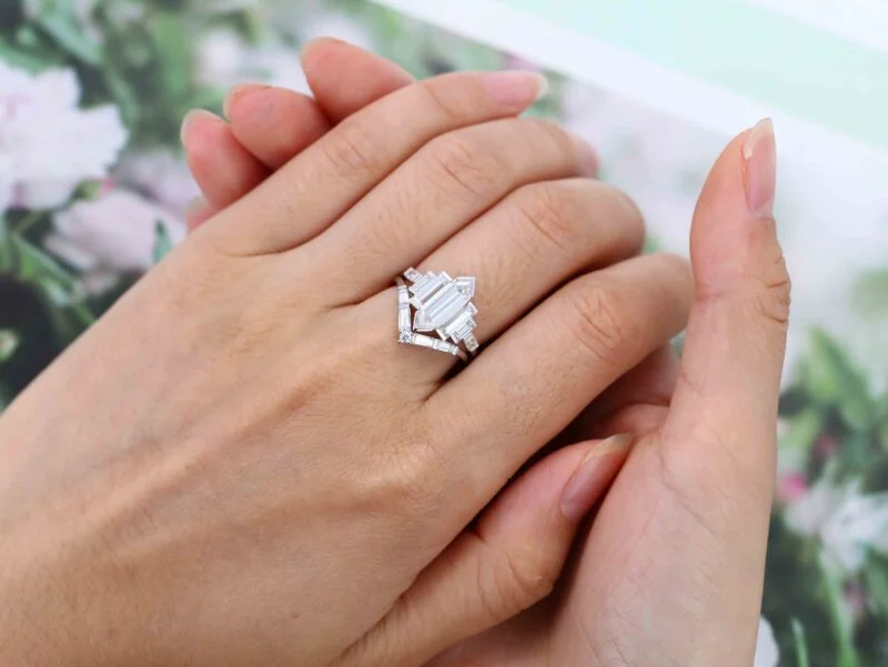 Hexagon Moissanite engagement ring set Unique Cluster baguette ring White gold Baguette engagement ring set Bridal promise Anniversary gift