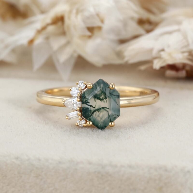 Hexagon Moss Agate Asymmetrical Ring Aquatic Green Agate Engagement Ring 14k Solid Gold Vintage Anniversary Ring Solitaire Promise Ring