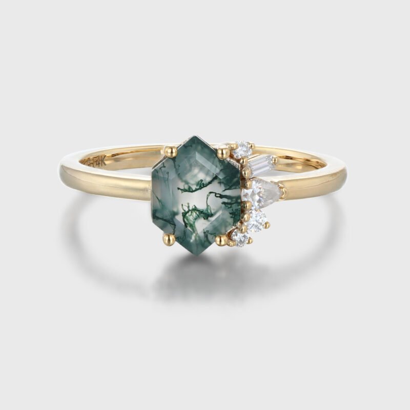 Hexagon Moss Agate Asymmetrical Ring Aquatic Green Agate Engagement Ring 14k Solid Gold Vintage Anniversary Ring Solitaire Promise Ring