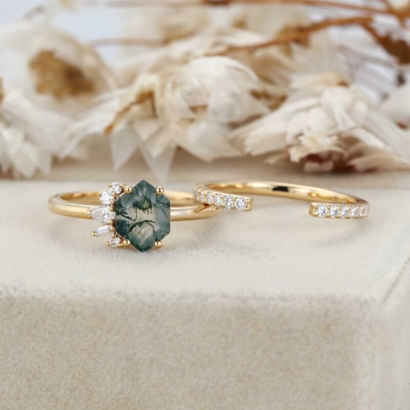 Hexagon Moss Agate Asymmetrical Ring Set Aquatic Green Agate Ring 14k Solid Gold Vintage Anniversary Ring Diamond Wedding Ring