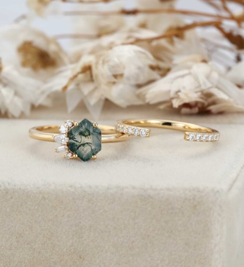 Hexagon Moss Agate Asymmetrical Ring Set Aquatic Green Agate Ring 14k Solid Gold Vintage Anniversary Ring Diamond Wedding Ring