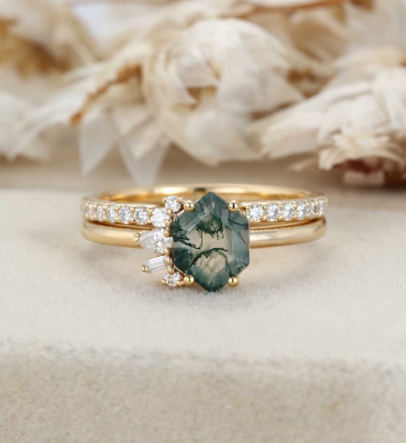 Hexagon Moss Agate Asymmetrical Ring Set Aquatic Green Agate Ring 14k Solid Gold Vintage Anniversary Ring Diamond Wedding Ring