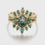 Hexagon Cut Moss Agate and Diamond Engagement Ring with Double Curved Wedding Band Enhancer, 14K Solid Gold Stacking Ring