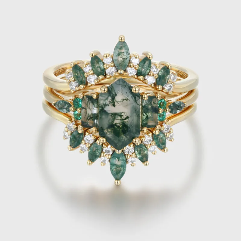 Hexagon Moss Agate Engagement Ring with Double Curved Wedding Band Enhancer in 14K Solid Gold with Moissanite Diamonds, Unique Stacking Ring