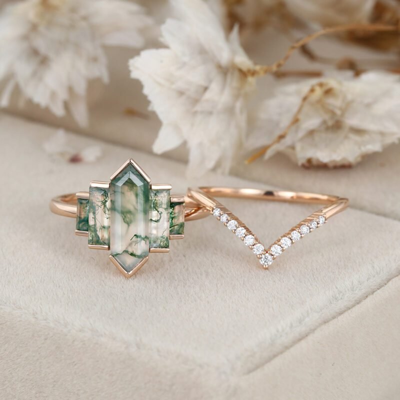 Hexagon Natural Moss Agate Engagement Ring Set Unique Rose Gold Engagement Ring Cluster Baguette Ring Bezel Set Art Deco Bridal Anniversary