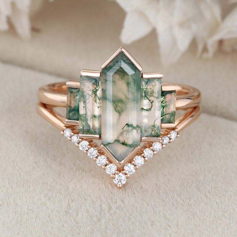 Hexagon Natural Moss Agate Engagement Ring Set Unique Rose Gold Engagement Ring Cluster Baguette Ring Bezel Set Art Deco Bridal Anniversary