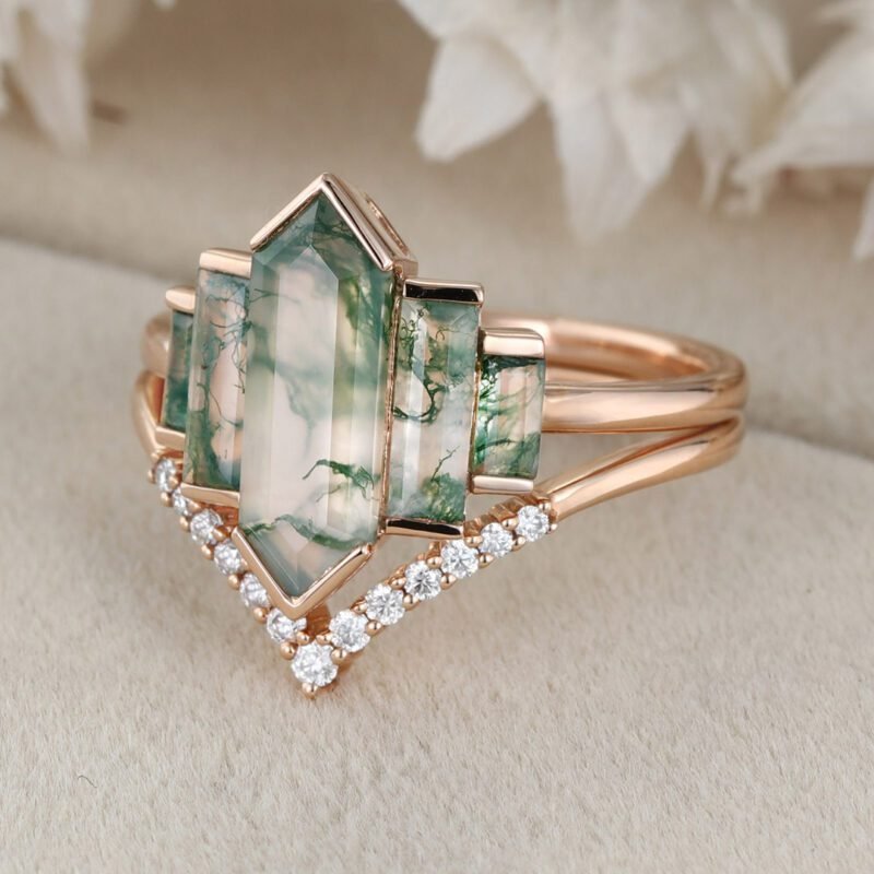 Hexagon Natural Moss Agate Engagement Ring Set Unique Rose Gold Engagement Ring Cluster Baguette Ring Bezel Set Art Deco Bridal Anniversary