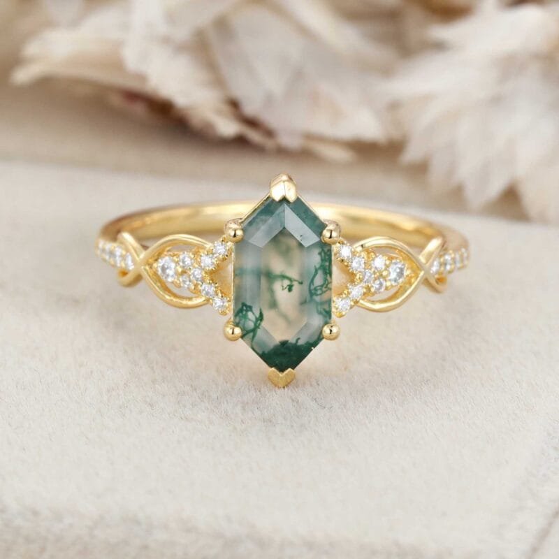 Hexagon Shape Moss Agate Engagement Ring Natural Moss Agate Wedding Ring Vintage 14k Yellow Gold Rings For Women Anniversary Ring