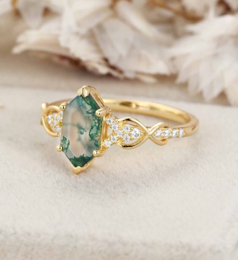 Hexagon Shape Moss Agate Engagement Ring Natural Moss Agate Wedding Ring Vintage 14k Yellow Gold Rings For Women Anniversary Ring