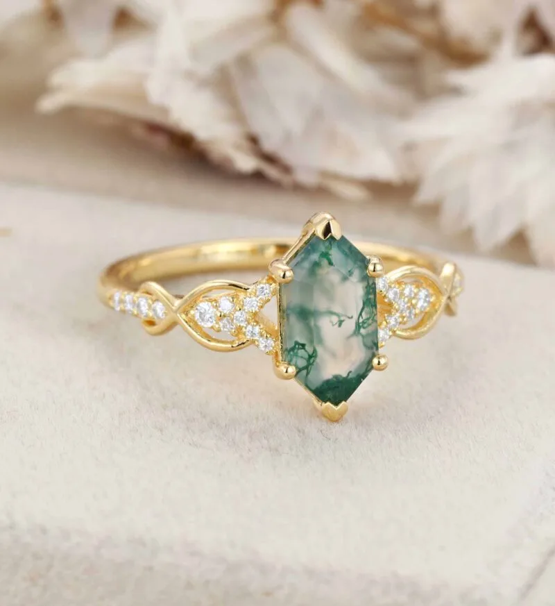 Hexagon Shape Moss Agate Engagement Ring Natural Moss Agate Wedding Ring Vintage 14k Yellow Gold Rings For Women Anniversary Ring