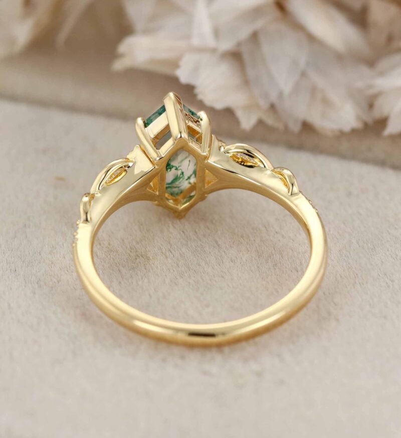 Hexagon Shape Moss Agate Engagement Ring Natural Moss Agate Wedding Ring Vintage 14k Yellow Gold Rings For Women Anniversary Ring