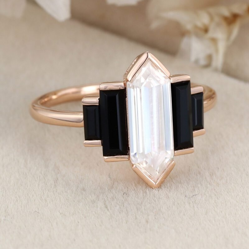 Hexagon cut Moissanite engagement ring Unique Cluster Black Onyx engagement ring Vintage Rose gold engagement ring bridal wedding promise