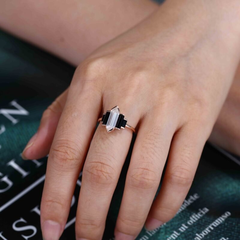 Hexagon cut Moissanite engagement ring Unique Cluster Black Onyx engagement ring Vintage Rose gold engagement ring bridal wedding promise