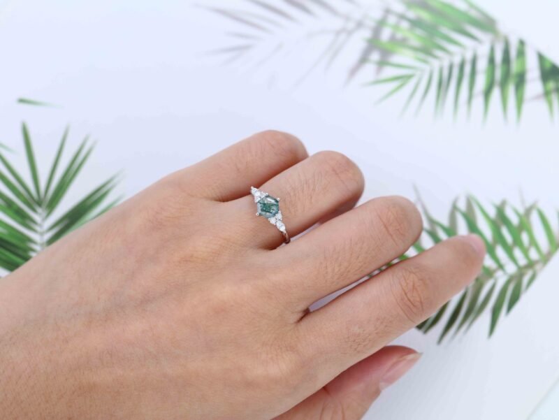 Hexagon cut Moss Agate engagement ring Unique White gold twisted Moissanite ring Diamond Bridal ring Promise Anniversary ring