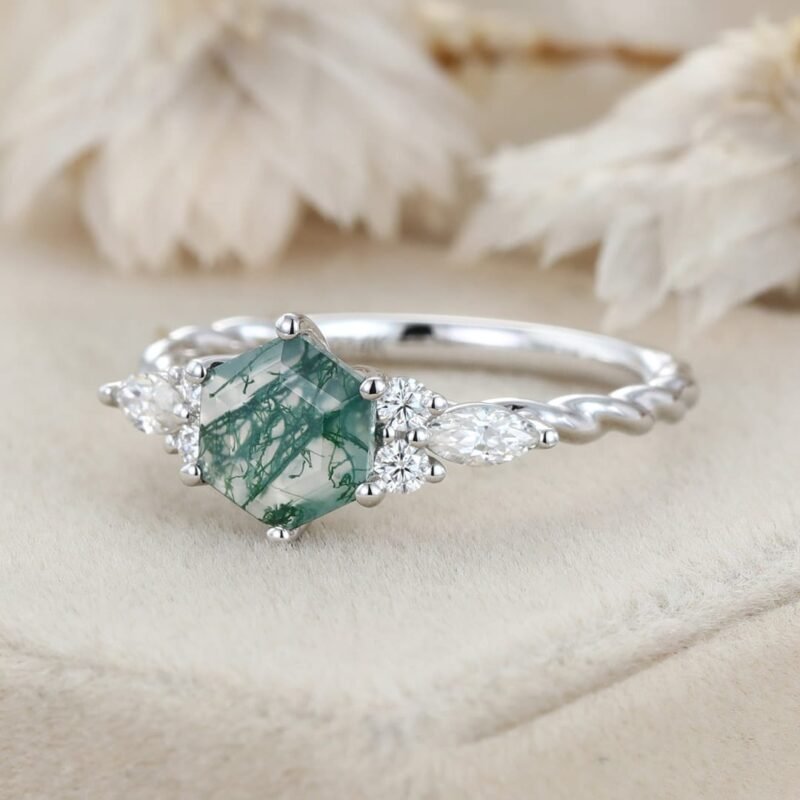 Hexagon cut Moss Agate engagement ring Unique White gold twisted Moissanite ring Diamond Bridal ring Promise Anniversary ring