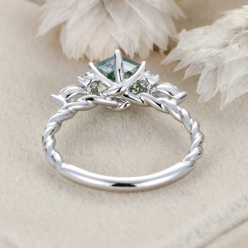 Hexagon cut Moss Agate engagement ring Unique White gold twisted Moissanite ring Diamond Bridal ring Promise Anniversary ring