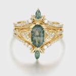 Hexagon Cut Natural Moss Agate Engagement Ring Set, Vintage 14K Solid Gold with Marquise Diamond Enhancer