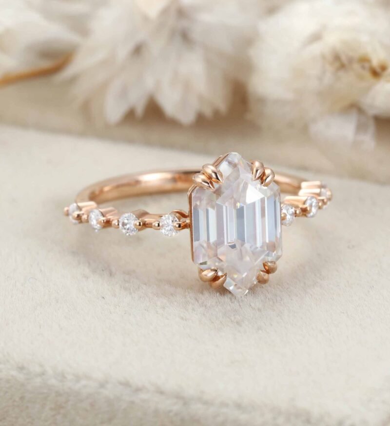 Hexagon cut moissanite engagement ring women Rose gold Unique engagement ring half eternity art deco ring Bridal Promise Anniversary gift