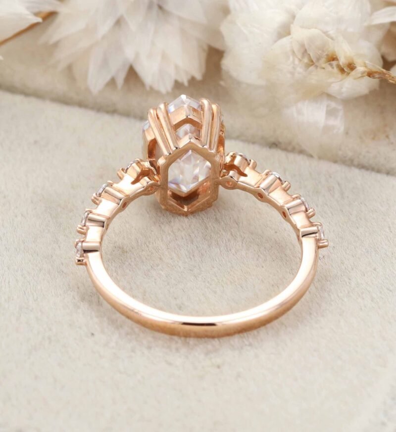 Hexagon cut moissanite engagement ring women Rose gold Unique engagement ring half eternity art deco ring Bridal Promise Anniversary gift