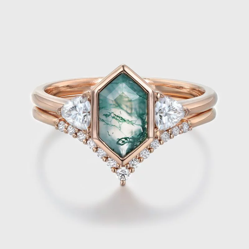 Hexagon cut moss agate engagement ring set vintage 14K Rose gold round moissanite unique diamond curved wedding band Promise Anniversary