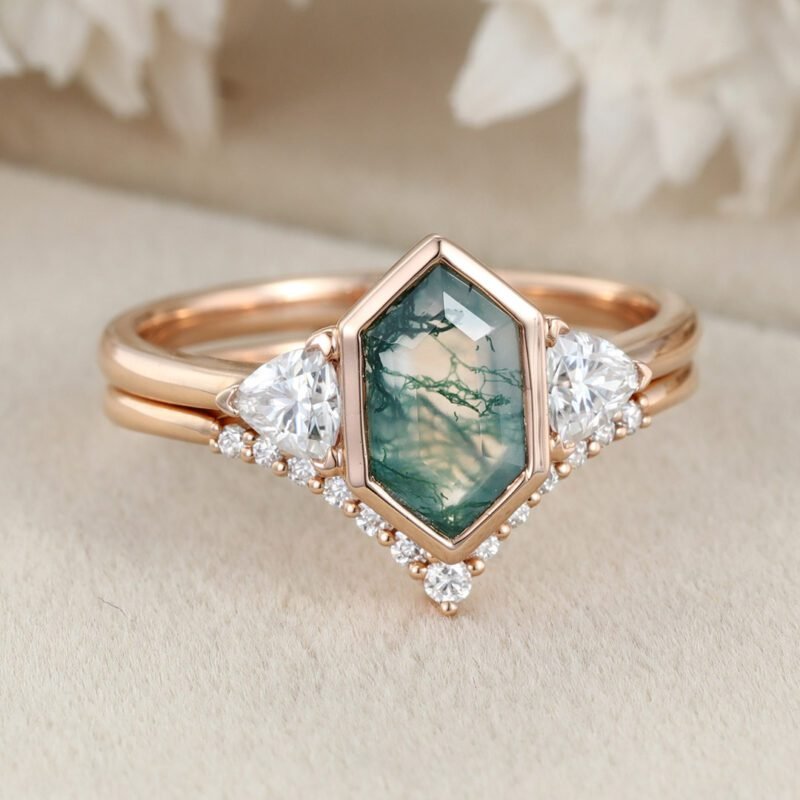 Hexagon cut moss agate engagement ring set vintage 14K Rose gold round moissanite unique diamond curved wedding band Promise Anniversary