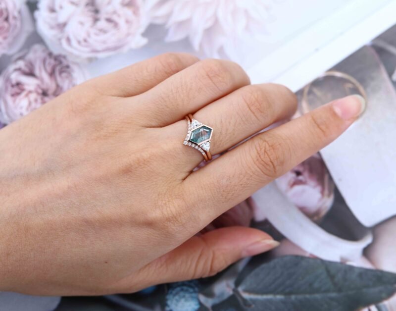 Hexagon cut moss agate engagement ring set vintage 14K Rose gold round moissanite unique diamond curved wedding band Promise Anniversary