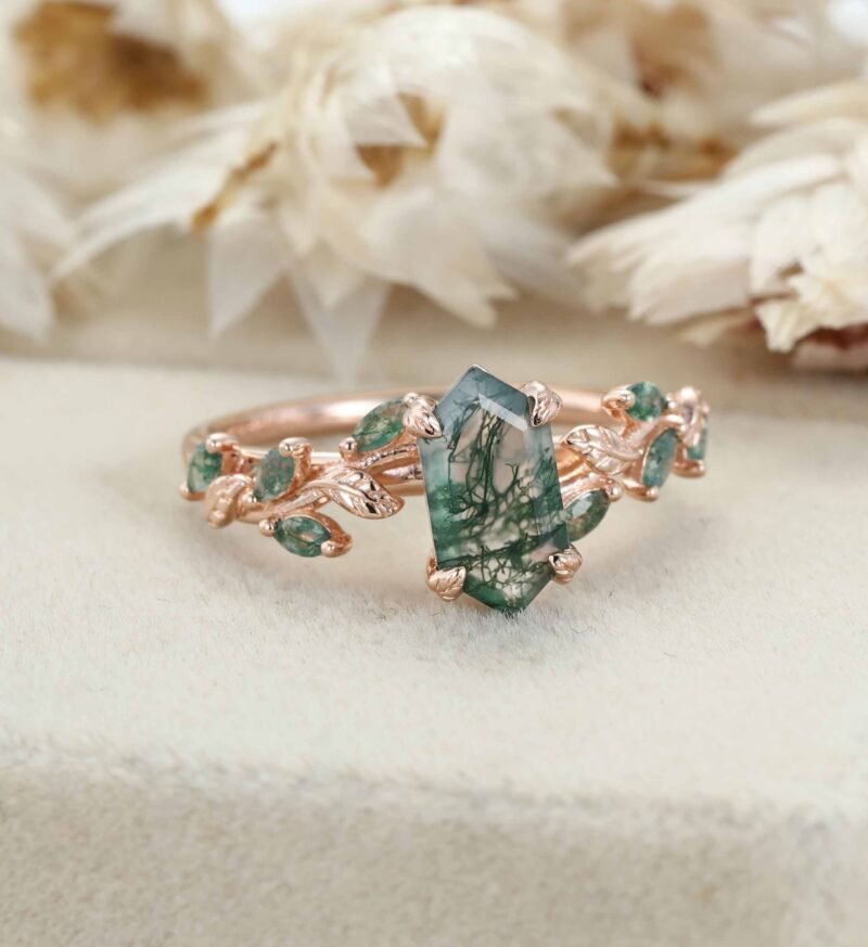 Hexagon cut moss agate ring Vintage rose gold engagement ring Art deco leaf ring Dainty twig ring Vine ring Promise ring Anniversary ring