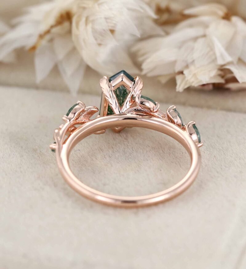 Hexagon cut moss agate ring Vintage rose gold engagement ring Art deco leaf ring Dainty twig ring Vine ring Promise ring Anniversary ring