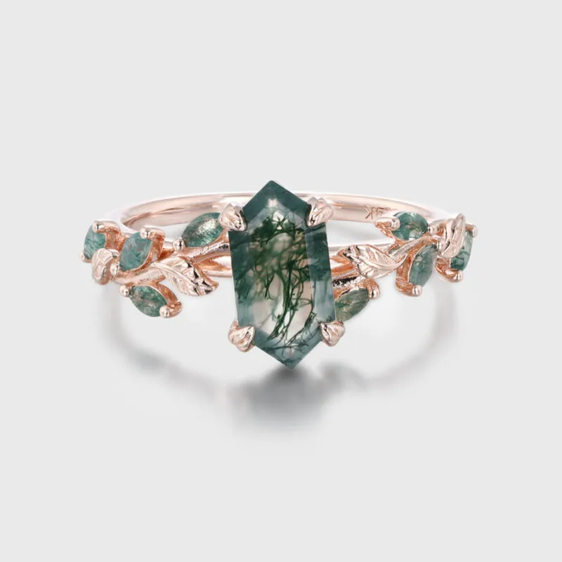 Hexagon cut moss agate ring Vintage rose gold engagement ring Art deco leaf ring Dainty twig ring Vine ring Promise ring Anniversary ring