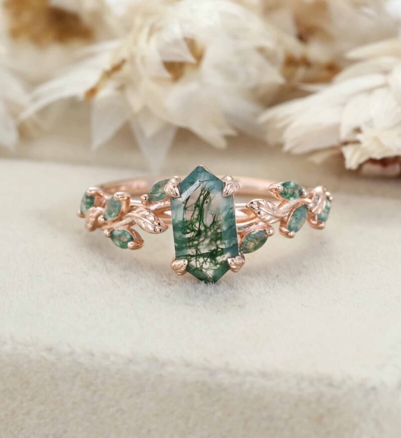 Hexagon cut moss agate ring Vintage rose gold engagement ring Art deco leaf ring Dainty twig ring Vine ring Promise ring Anniversary ring