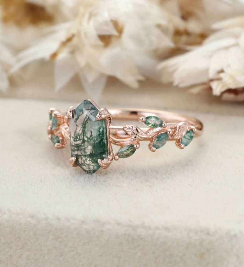 Hexagon cut moss agate ring Vintage rose gold engagement ring Art deco leaf ring Dainty twig ring Vine ring Promise ring Anniversary ring