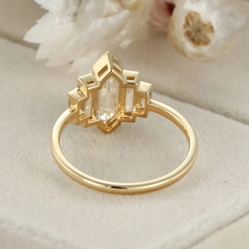 Hexagon moissanite engagement ring Unique Cluster baguette ring Yellow gold engagement ring Bezel Set art deco Bridal Promise Anniversary gift