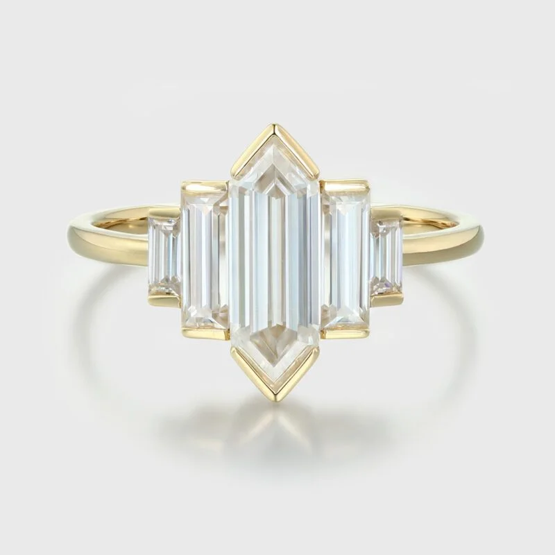 Bezel Set Hexagon Cut Moissanite Engagement Ring Unique Cluster Baguette Ring 14k Yellow Gold