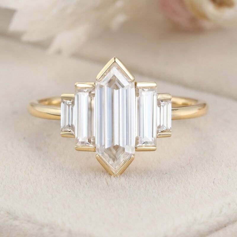 Hexagon moissanite engagement ring Unique Cluster baguette ring Yellow gold engagement ring Bezel Set art deco Bridal Promise Anniversary gift