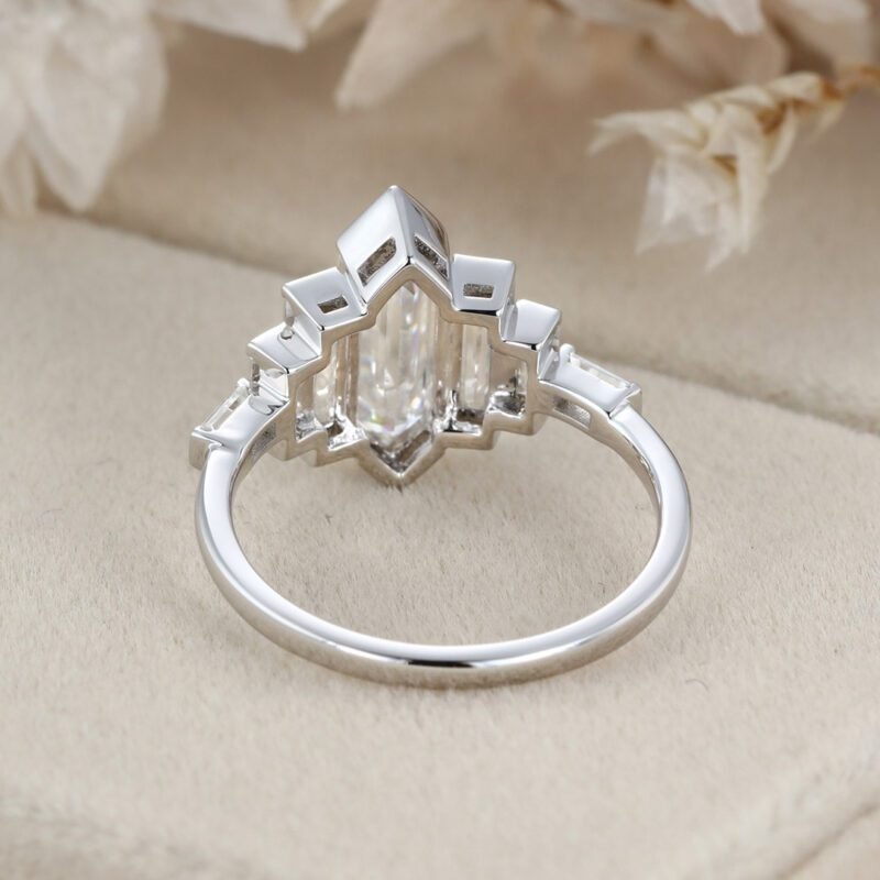 Hexagon moissanite engagement ring White gold engagement ring Unique Cluster baguette ring Bezel Set art deco Bridal Promise Anniversary gift