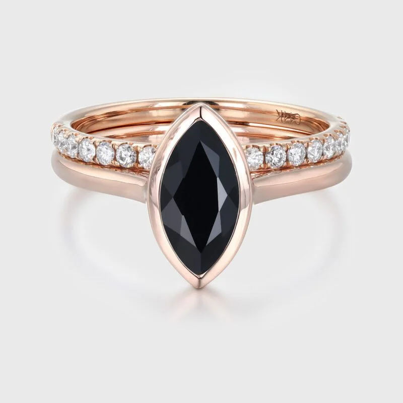 Hidden Halo Bezel 1.0CT Marquise Black Onyx Engagement Ring 2PCS Bridal Diamond Ring Set Rose Gold Half Eternity Wedding Bands