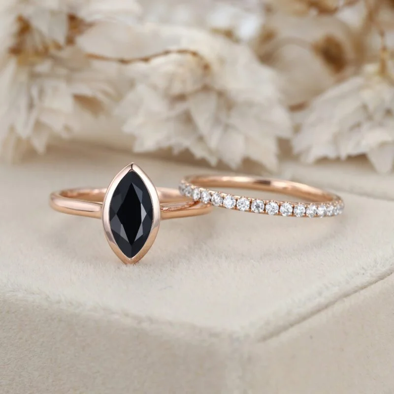 Hidden Halo Bezel 1.0CT Marquise Black Onyx Engagement Ring 2PCS Bridal Diamond Ring Set Rose Gold Half Eternity Wedding Bands