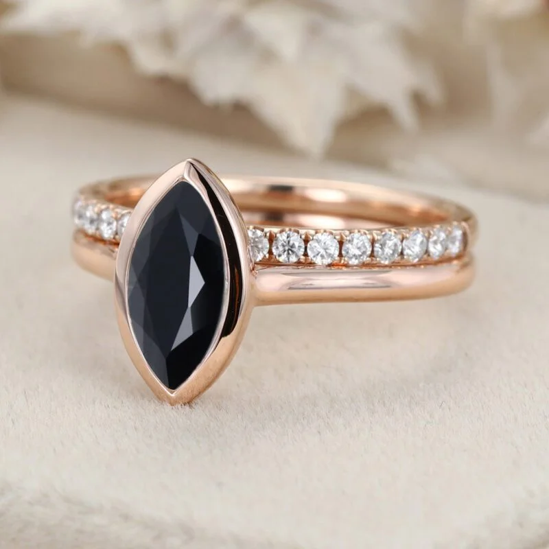 Hidden Halo Bezel 1.0CT Marquise Black Onyx Engagement Ring 2PCS Bridal Diamond Ring Set Rose Gold Half Eternity Wedding Bands