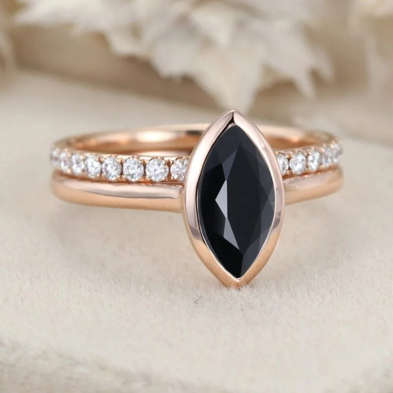 Hidden Halo Bezel 1.0CT Marquise Black Onyx Engagement Ring 2PCS Bridal Diamond Ring Set Rose Gold Half Eternity Wedding Bands