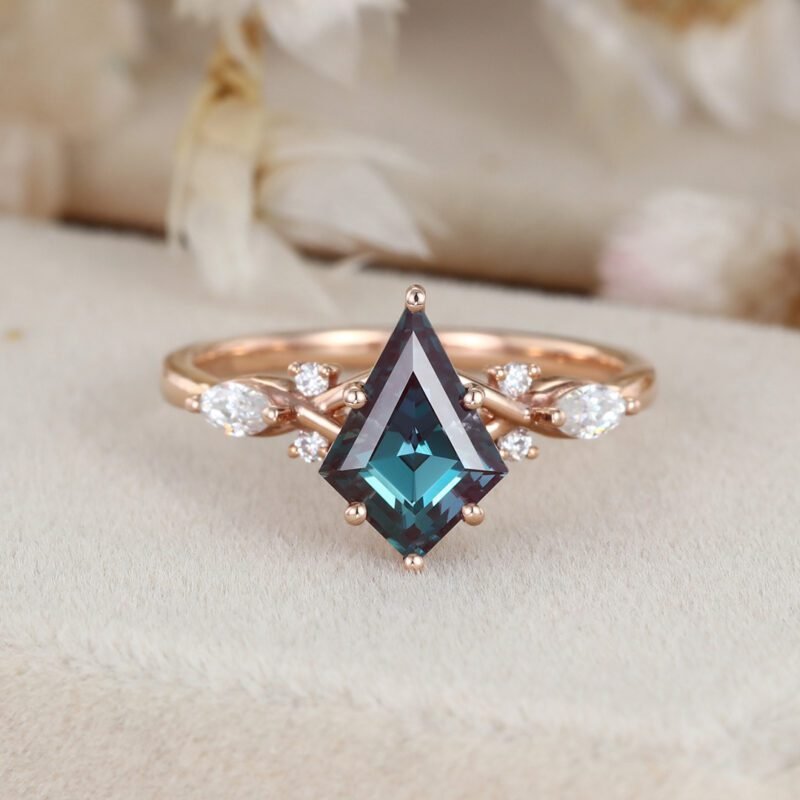 Kite Alexandrite engagement ring art deco cluster moissanite engagement ring Unique vintage rose gold diamond ring bridal Anniversary gift