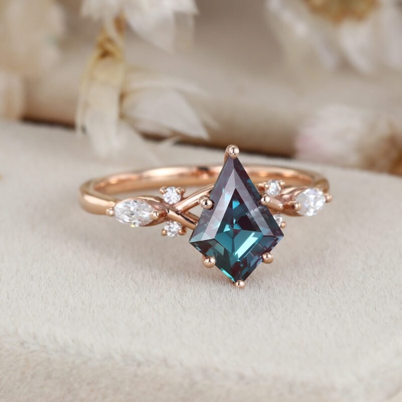 Kite Alexandrite engagement ring art deco cluster moissanite engagement ring Unique vintage rose gold diamond ring bridal Anniversary gift