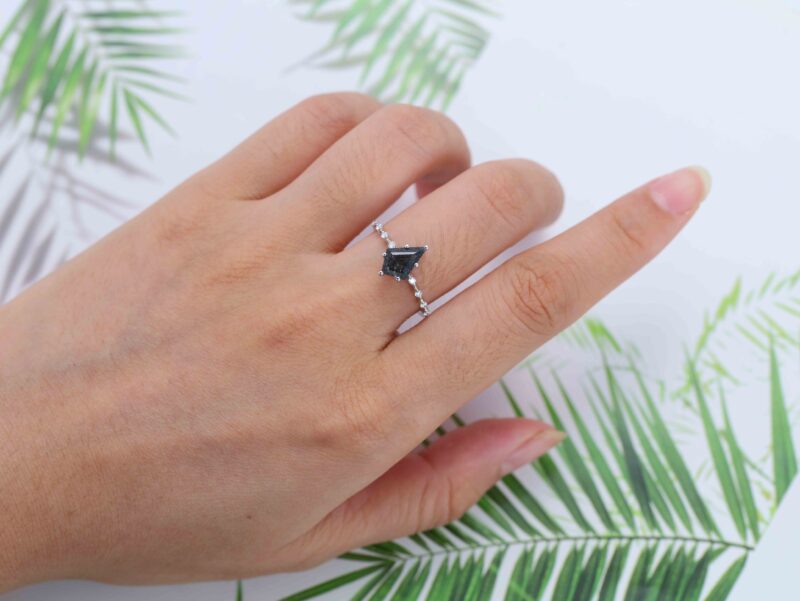 Kite Black Quartz Rutilated Engagement Ring Unique White Gold Diamond Wedding Ring