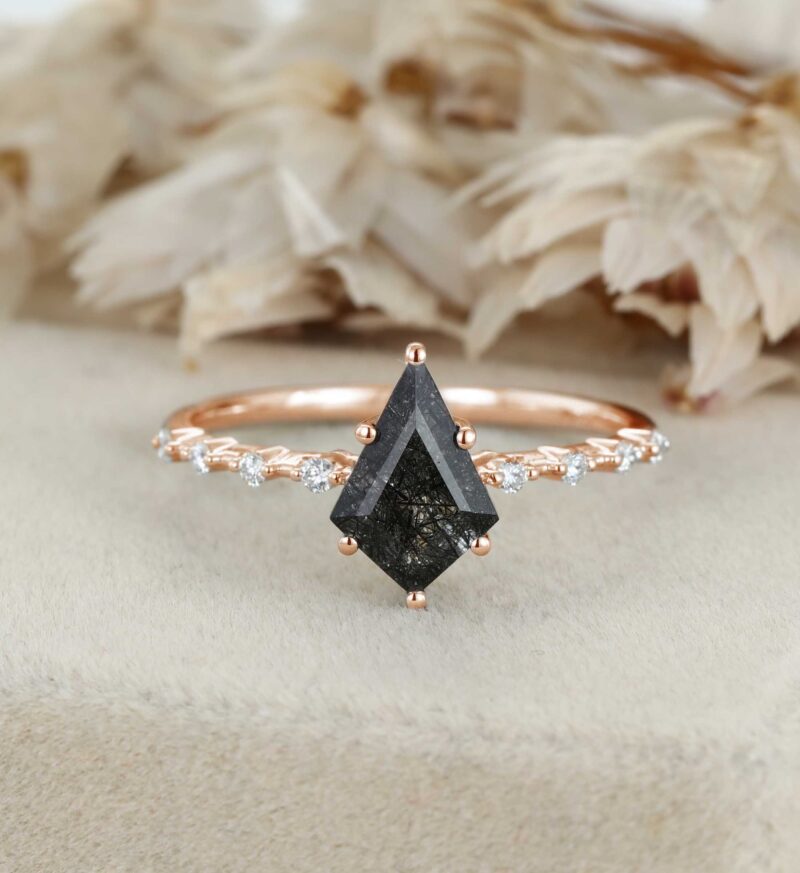 Kite Black Quartz Rutilated Engagement Ring Unique White Gold Diamond Wedding Ring