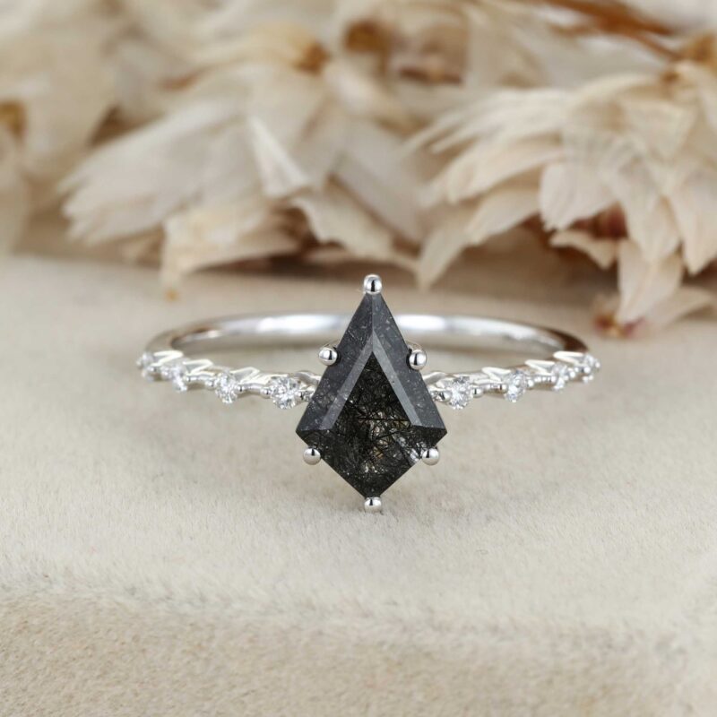 Kite Black Quartz Rutilated Engagement Ring Unique White Gold Diamond Wedding Ring