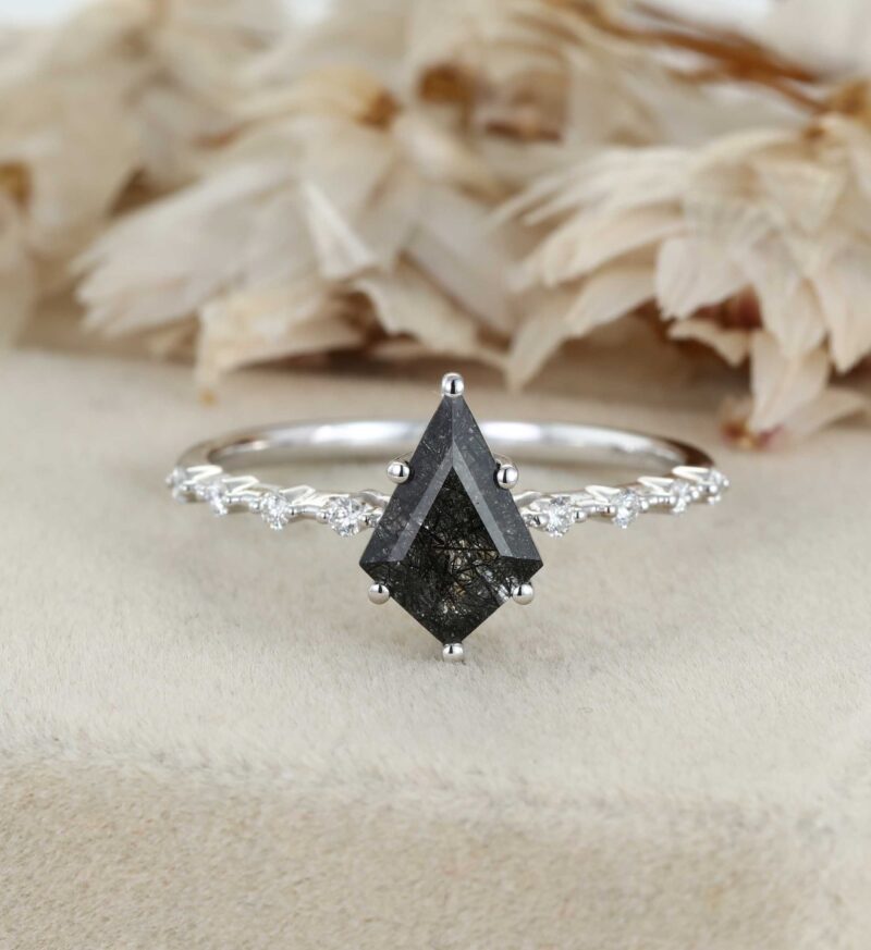 Kite Black Quartz Rutilated Engagement Ring Unique White Gold Diamond Wedding Ring