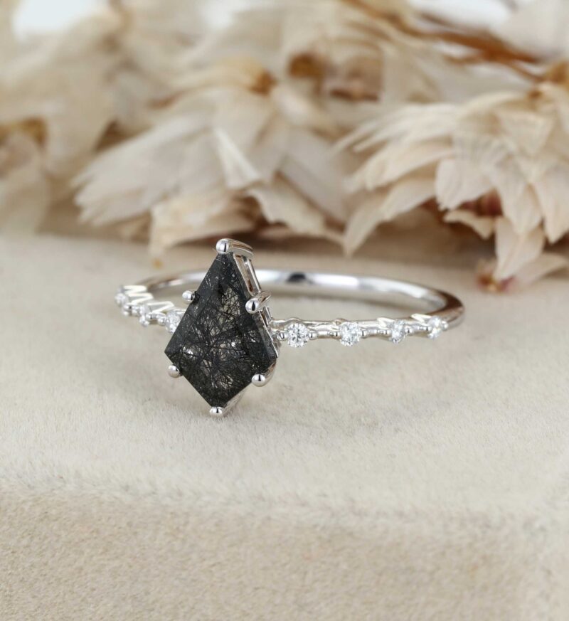 Kite Black Quartz Rutilated Engagement Ring Unique White Gold Diamond Wedding Ring