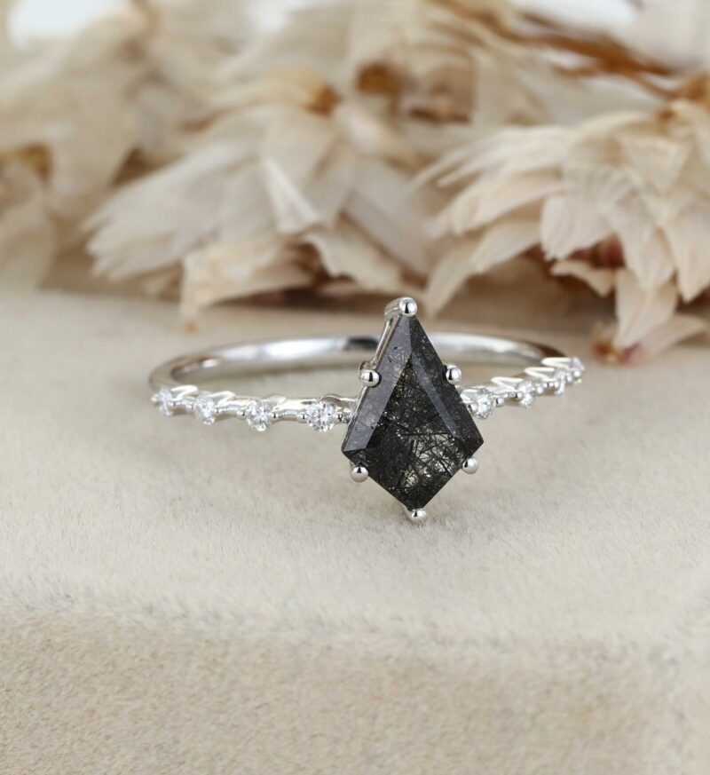 Kite Black Quartz Rutilated Engagement Ring Unique White Gold Diamond Wedding Ring